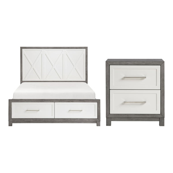 English Elm Queen Platform Bed Set with Paired Nightstands in Two-Tone Ivory Gray Wood Finish B011S07159