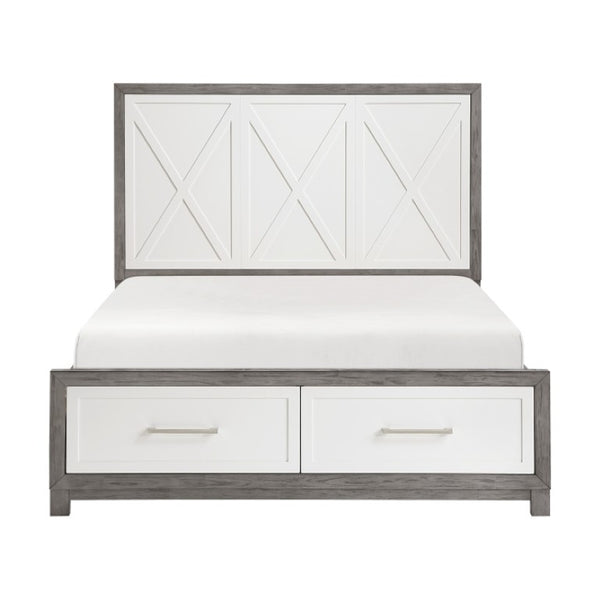 English Elm Queen Platform Bed Set with Paired Nightstands in Two-Tone Ivory Gray Wood Finish B011S07159