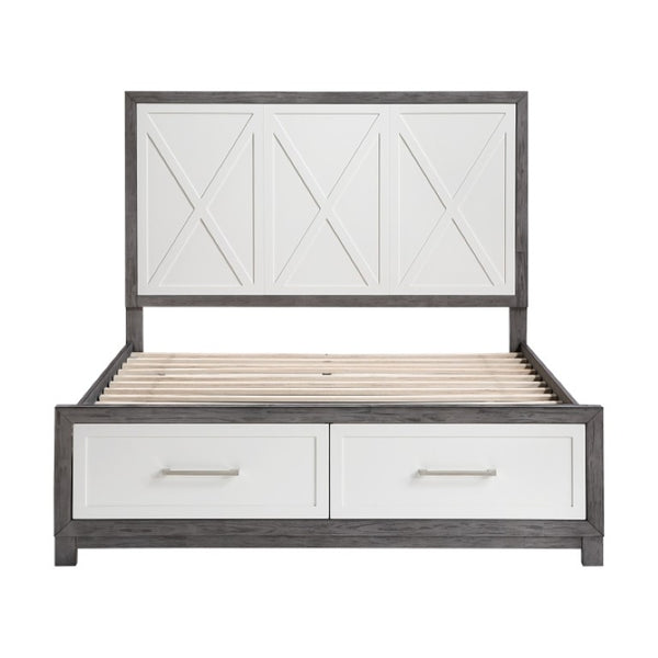 English Elm Queen Platform Bed Set with Paired Nightstands in Two-Tone Ivory Gray Wood Finish B011S07159