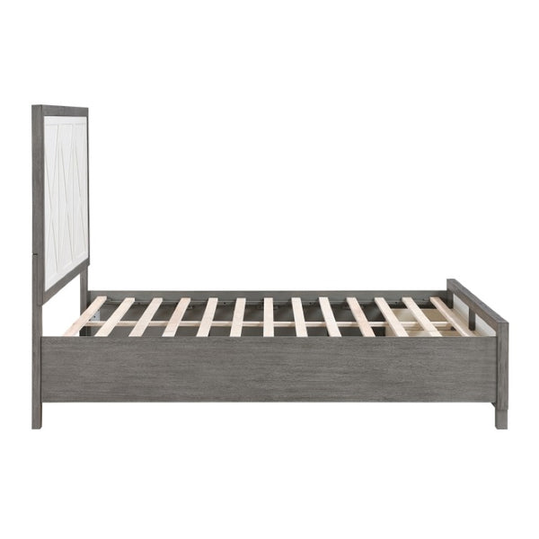 English Elm Queen Platform Bed Set with Paired Nightstands in Two-Tone Ivory Gray Wood Finish B011S07159