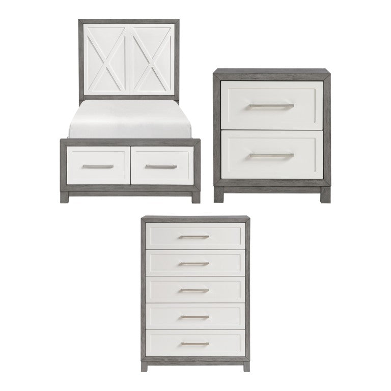 English Elm Twin Platform Bedroom Set with Nightstand and Chest in Two-Tone Ivory Gray Finish B011S07166