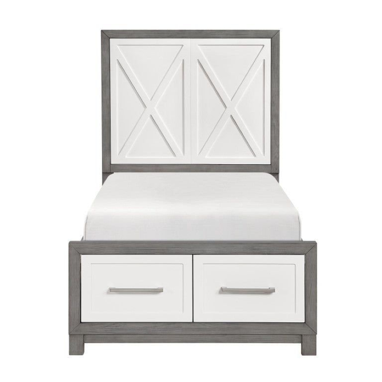 English Elm Twin Platform Bedroom Set with Nightstand and Chest in Two-Tone Ivory Gray Finish B011S07166