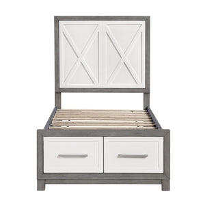 English Elm Twin Platform Bedroom Set with Nightstand and Chest in Two-Tone Ivory Gray Finish B011S07166
