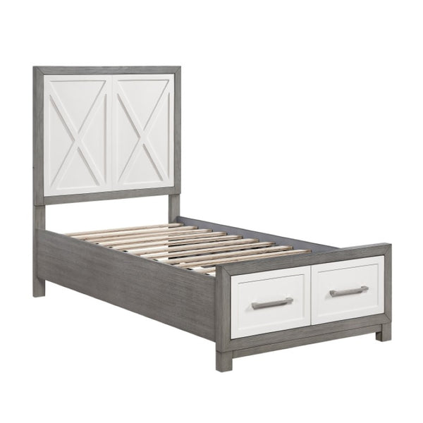 English Elm Twin Platform Bedroom Set with Nightstand and Chest in Two-Tone Ivory Gray Finish B011S07166