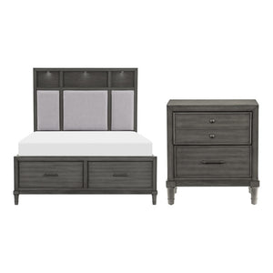 English Elm Eastern King Storage Bed Set with LED Shelves USB Charging and Gray Veneer Finish B011S07183