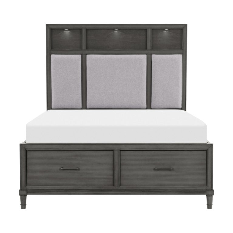 English Elm Eastern King Storage Bed Set with LED Shelves USB Charging and Gray Veneer Finish B011S07183