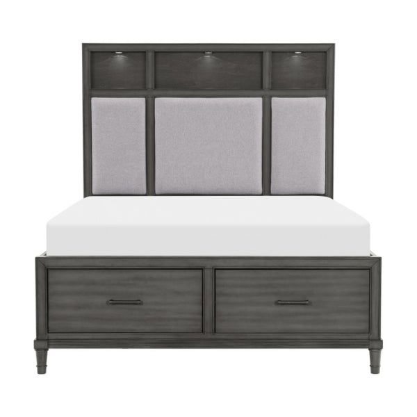English Elm Eastern King Storage Bed Set with LED Shelves USB Charging and Gray Veneer Finish B011S07183