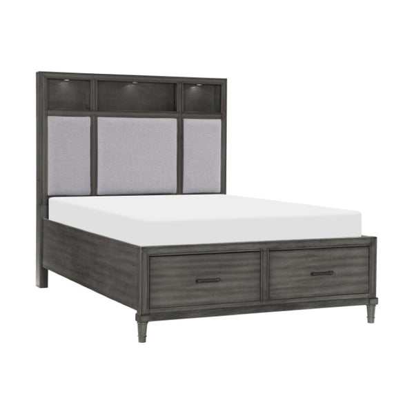 English Elm Eastern King Storage Bed Set with LED Shelves USB Charging and Gray Veneer Finish B011S07183