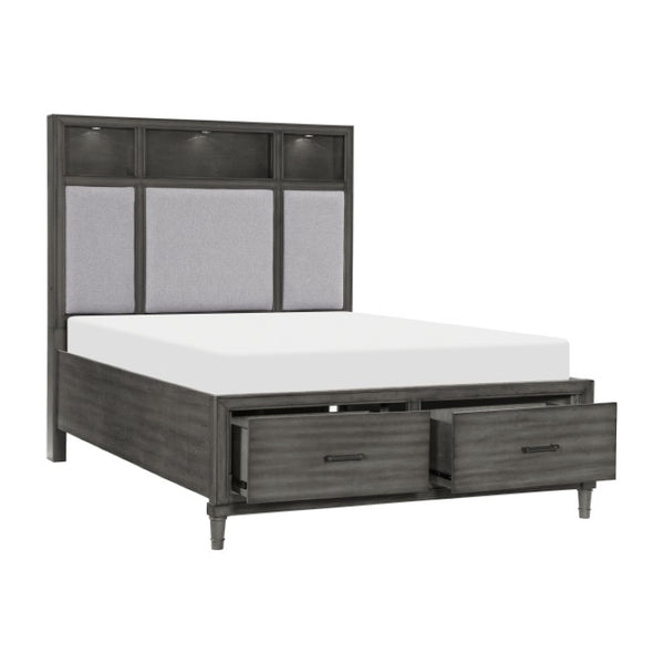 English Elm Eastern King Storage Bed Set with LED Shelves USB Charging and Gray Veneer Finish B011S07183