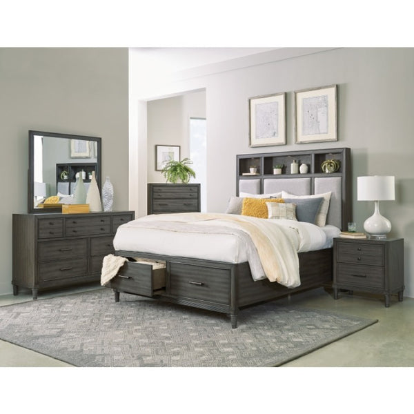 English Elm Eastern King Storage Bed Set with LED Shelves USB Charging and Gray Veneer Finish B011S07183