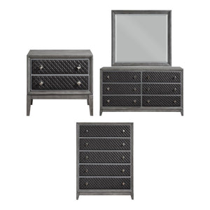 English Elm Night Stand Dresser Mirror Chest Bedroom Set Birch Veneer Faux Leather Gray Finish B011S07192