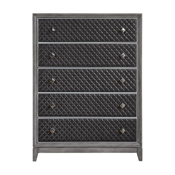 English Elm Night Stand Dresser Mirror Chest Bedroom Set Birch Veneer Faux Leather Gray Finish B011S07192