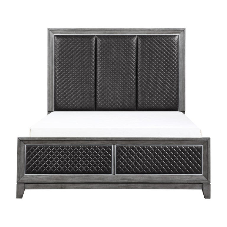 English Elm California King Bedroom Set with Faux Leather Headboard and Wire-Brushed Gray Veneer B011S07199