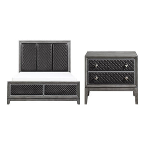 English Elm Queen Bedroom Set Birch Veneer Diamond Faux Leather Upholstered Bed with Two Nightstands B011S07201