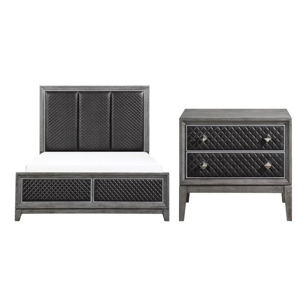 English Elm Queen Bedroom Set Birch Veneer Diamond Faux Leather Upholstered Bed with Two Nightstands B011S07201