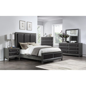 English Elm Queen Bedroom Set Birch Veneer Diamond Faux Leather Upholstered Bed with Two Nightstands B011S07201