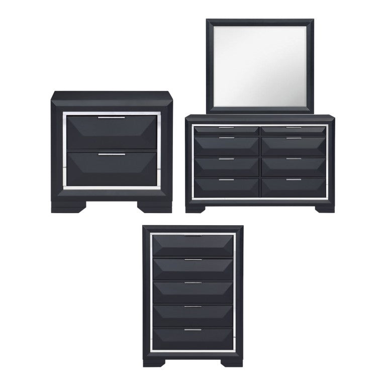 English Elm Night Stand Dresser Mirror and Chest Glam Bedroom Set with Chrome Acrylic Trim B011S07204