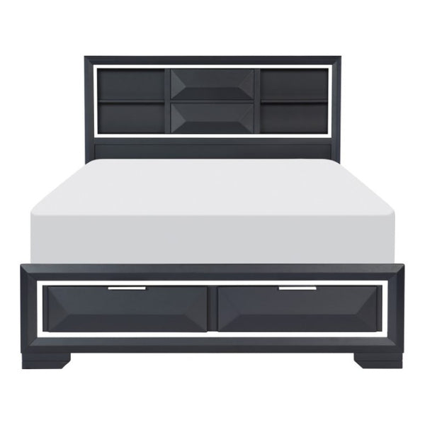 English Elm California King Storage Bed Set with Bookcase Headboard in Sleek Midnight Blue Lacquer B011S07208