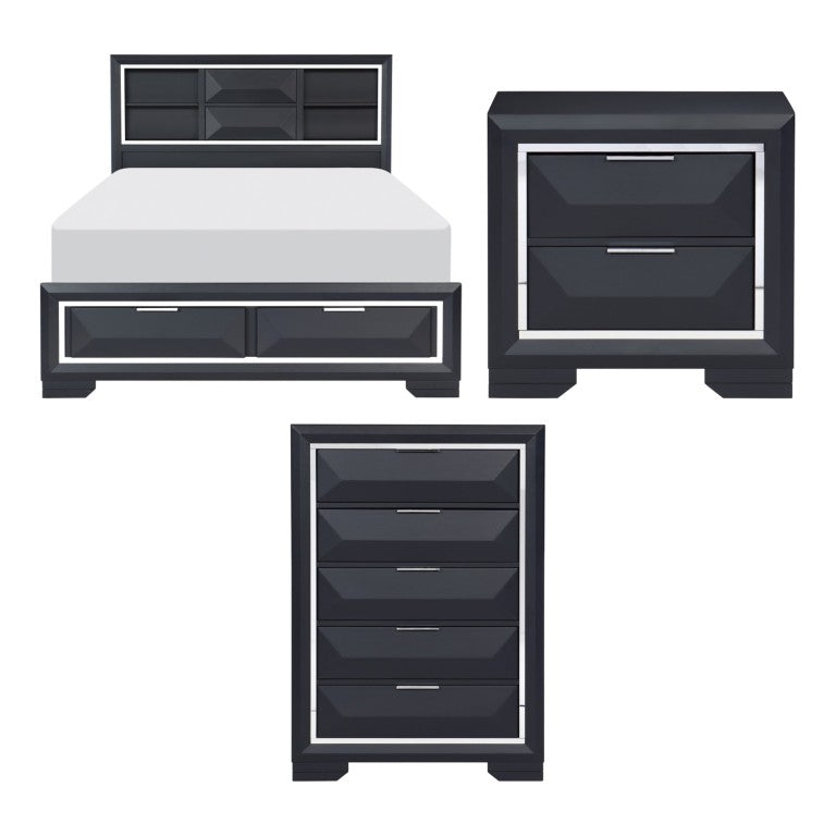 Queen Bedroom Set with Bookcase Headboard Chrome Accents and Bold Blue