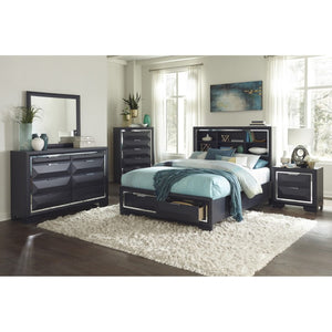 English Elm Queen Bedroom Set with Bookcase Headboard Chrome Accents and Bold Blue Lacquer Finish B011S07213