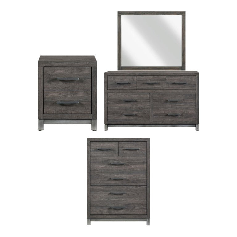 English Elm Night Stand Dresser Mirror and Chest 4 Piece Bedroom Set in Dark Gray Melamine B011S07214