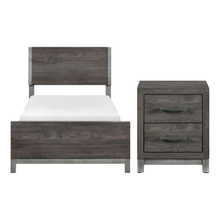 English Elm Twin Panel Bed and Nightstand Set with Melamine Veneer and Antique Silver Accents B011S07228