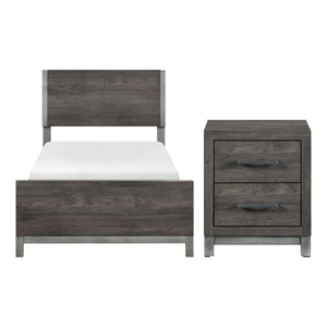 English Elm Twin Panel Bed and Nightstand Set with Melamine Veneer and Antique Silver Accents B011S07228