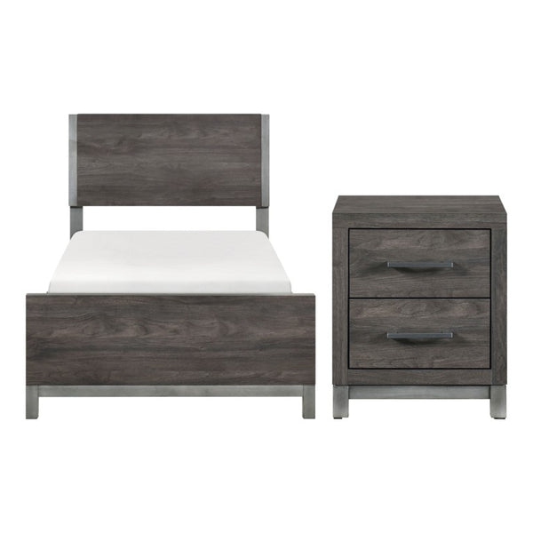 English Elm Twin Panel Bed and Nightstand Set with Melamine Veneer and Antique Silver Accents B011S07228