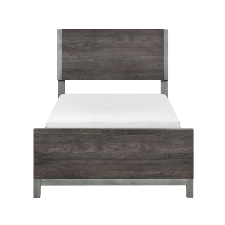 English Elm Twin Panel Bed and Nightstand Set with Melamine Veneer and Antique Silver Accents B011S07228