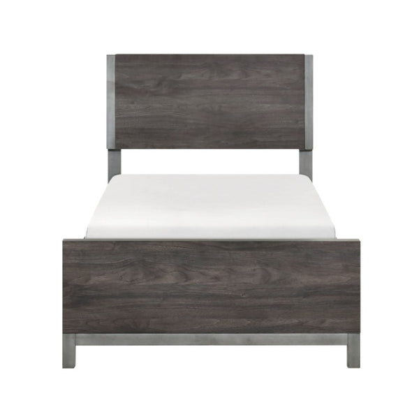 English Elm Twin Panel Bed and Nightstand Set with Melamine Veneer and Antique Silver Accents B011S07228
