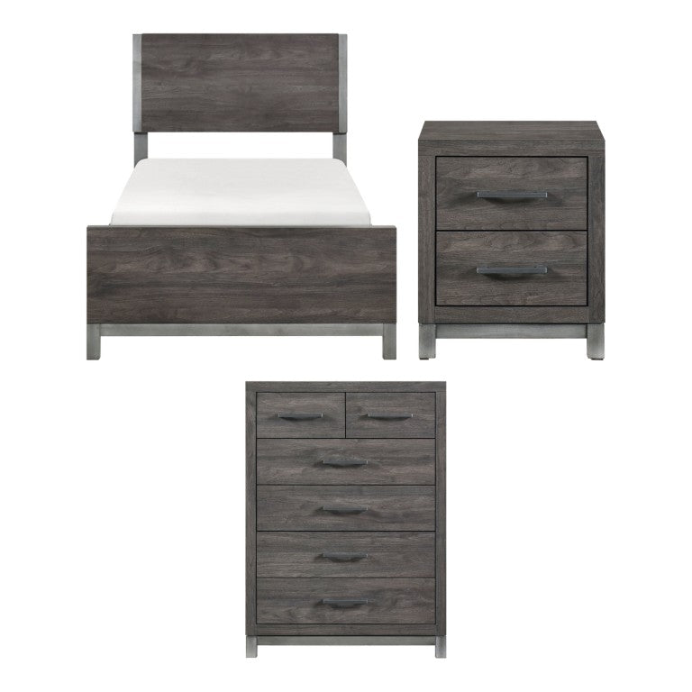 English Elm Twin Panel Bedroom Set with Nightstand and Chest in Faux Wood Industrial Finish B011S07230