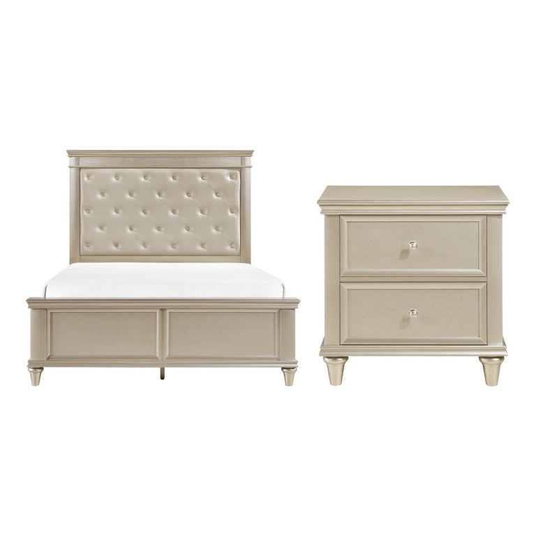 English Elm Queen Bedroom Set with Tufted Faux Leather Headboard and Silver Finish Nightstand B011S07249
