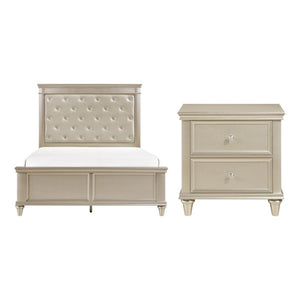 English Elm Queen Bedroom Set with Tufted Faux Leather Headboard and Matching Nightstands B011S07250