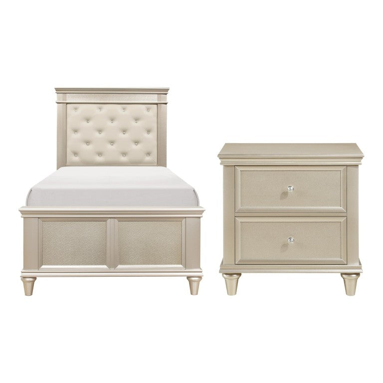 English Elm Twin Bedroom Set with Button Tufted Headboard Faux Leather Insert and Silver Knob Nightstand B011S07253
