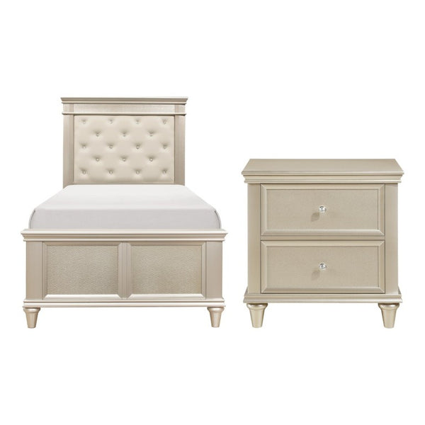 English Elm Twin Bedroom Set with Button Tufted Headboard Faux Leather Insert and Silver Knob Nightstand B011S07253