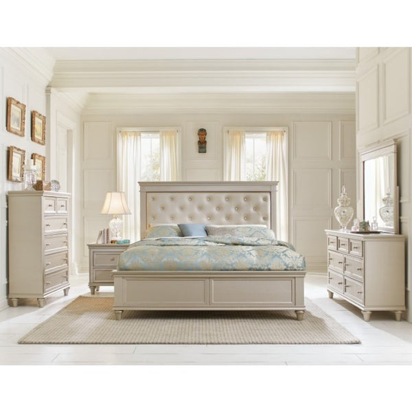 English Elm Twin Bedroom Set with Button Tufted Headboard Faux Leather Insert and Silver Knob Nightstand B011S07253