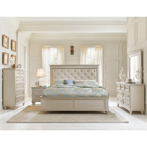 English Elm Twin Bedroom Set Tufted Faux Leather Headboard with Nightstands in Off White Glam B011S07254