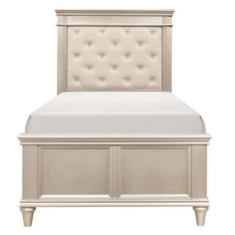 English Elm Twin Bedroom Set Tufted Faux Leather Headboard with Nightstands in Off White Glam B011S07254