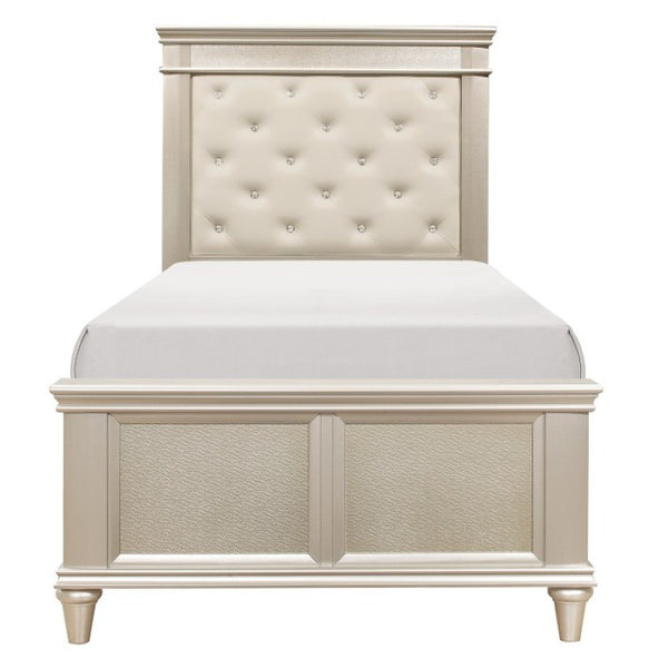 English Elm Twin Bedroom Set Tufted Faux Leather Headboard with Nightstands in Off White Glam B011S07254