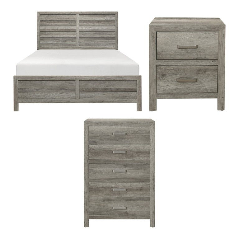 English Elm California King Bedroom Set with Weathered Gray Veneer Planked Finish and Nickel Pulls B011S07262