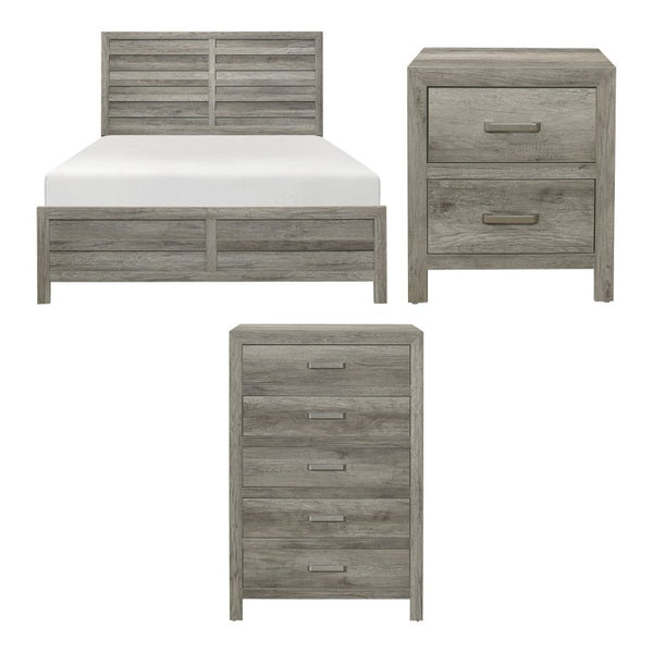 English Elm Queen Bed Nightstand and Chest Set with Weathered Gray Plank Veneer Satin Nickel Pulls B011S07265