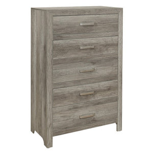 English Elm Queen Bed Nightstand and Chest Set with Weathered Gray Plank Veneer Satin Nickel Pulls B011S07265