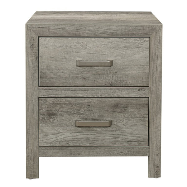 English Elm Queen Bed Nightstand and Chest Set with Weathered Gray Plank Veneer Satin Nickel Pulls B011S07265