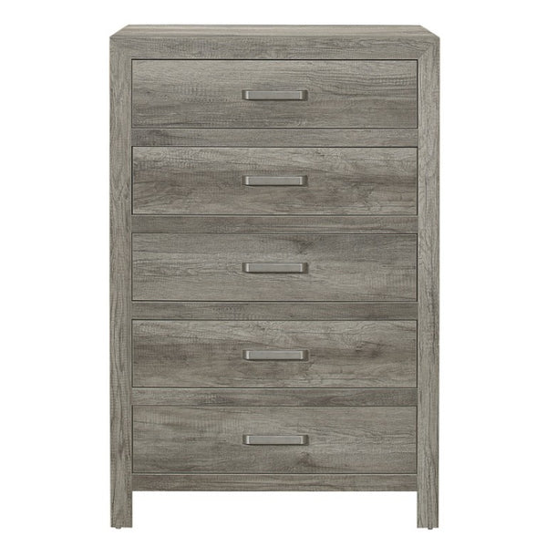English Elm Queen Bed Nightstand and Chest Set with Weathered Gray Plank Veneer Satin Nickel Pulls B011S07265