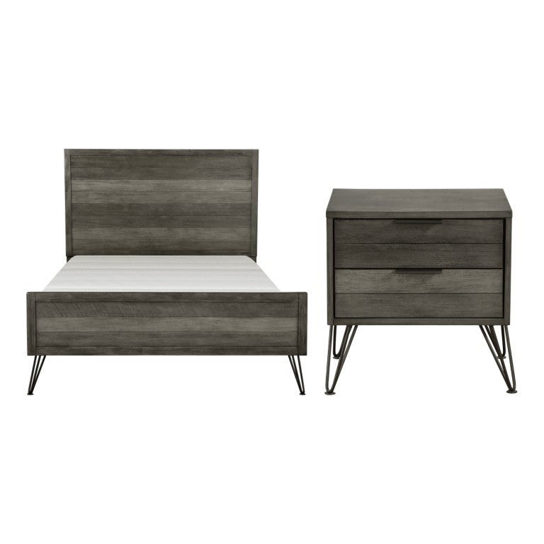 English Elm California King Acacia Wood Bedroom Set with Slat Headboard and Metal Leg Nightstands B011S07271