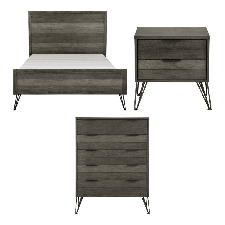 English Elm Twin Bedroom Set Acacia Wood Slat Panel Design with Nightstand and Five Drawer Chest B011S07278
