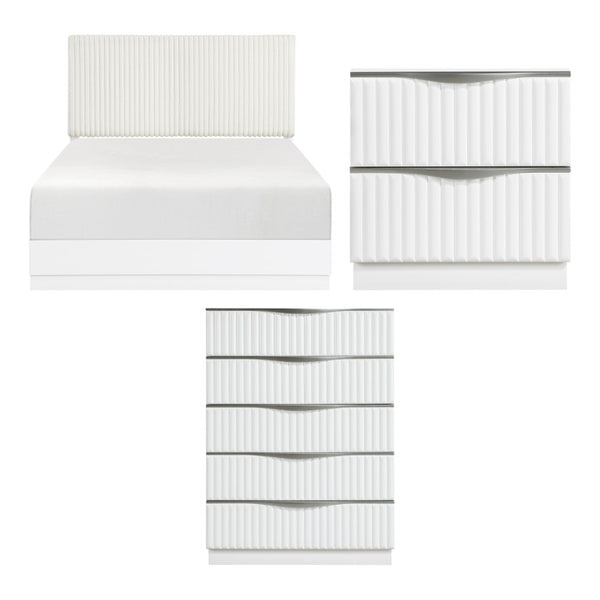 English Elm Queen Bedroom Set Faux Fur Tufted Headboard Pearl White Glam 3 Piece Storage B011S07285