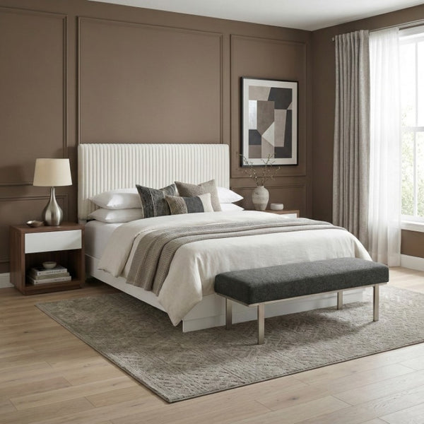 English Elm Queen Bedroom Set Faux Fur Tufted Headboard Pearl White Glam 3 Piece Storage B011S07285