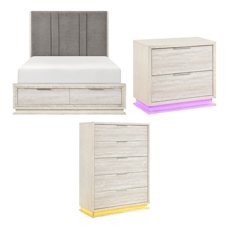 English Elm Queen Platform Bed Set with LED Lighting Chenille Headboard Nightstand and Chest B011S07286