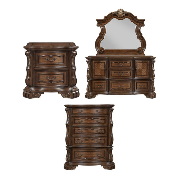 English Elm Night Stand Dresser Mirror Chest 4 Piece European Pecan Burl Veneer Bedroom Set B011S07287